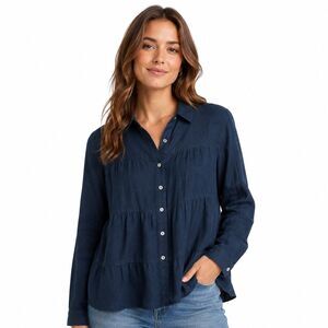 J Jill Tunic Shirt Womens Small Blue Collared Button Front Long Sleeve Top